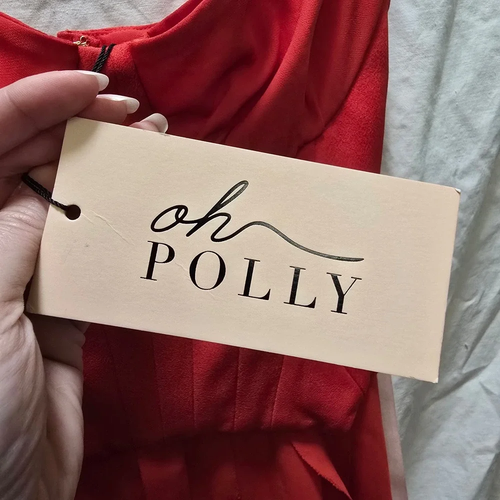 NWT OH POLLY Scarlet Red Ruffle High Slit Corset Maxi Dress‎ US 4